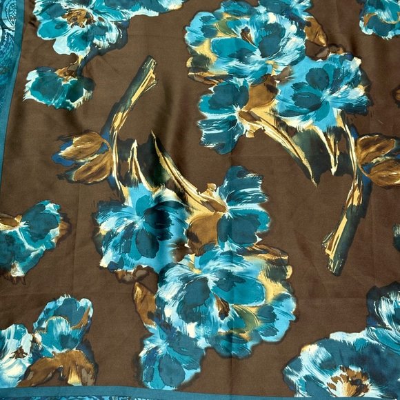 Adrienne Vittadini Scarf Womens Square 34" Brown Blue Floral Flowers Silk Vintag - Picture 3 of 11